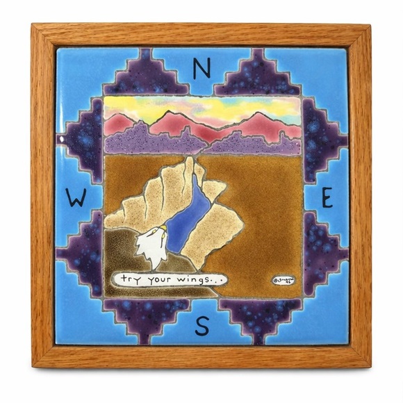 Artist Other - Southwest Tile Art © Orane 1992 “Try Your Wings” Eagle Compass Framed 7x7”